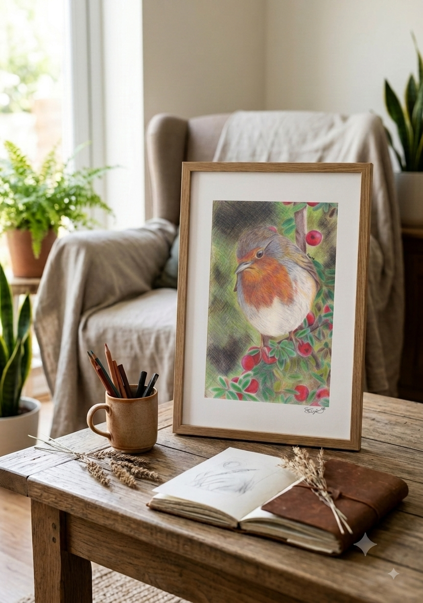 Robin and Holly in Coloured Pencils