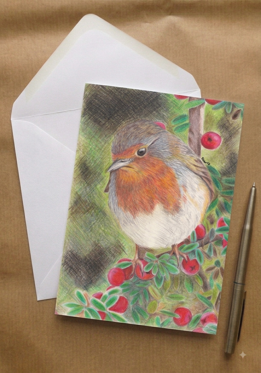 Robin and Holly in Coloured Pencils